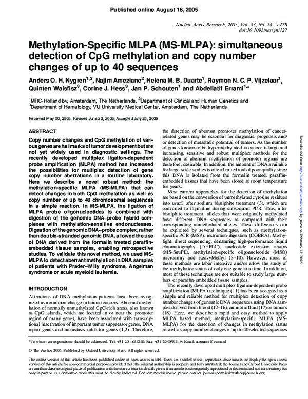 (PDF) MethylationSpecific MLPA (MSMLPA) simultaneous detection of
