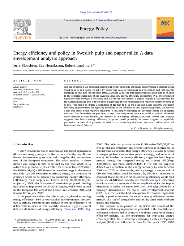 (PDF) Energy efficiency and policy in Swedish pulp and paper mills: A ...