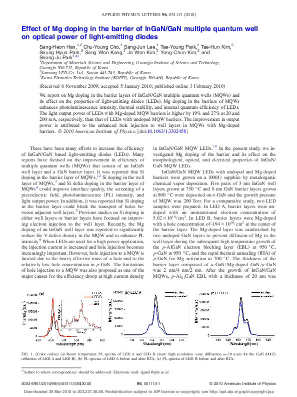 (PDF) Effect of Mg doping in the barrier of InGaN/GaN multiple quantum ...