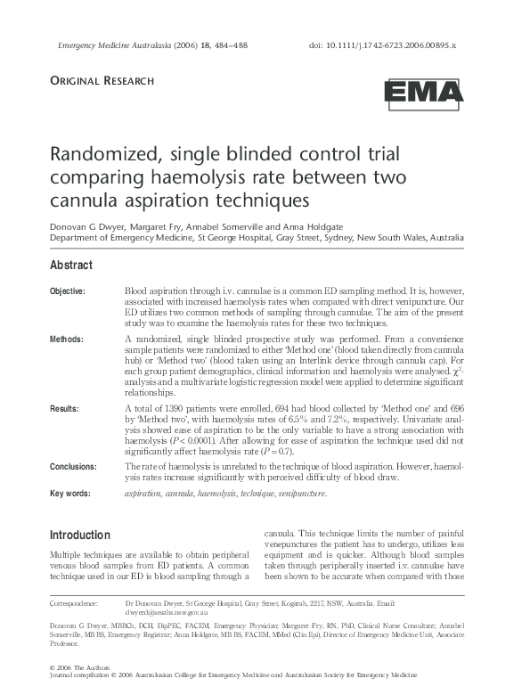 (PDF) Randomized, single blinded control trial comparing haemolysis ...