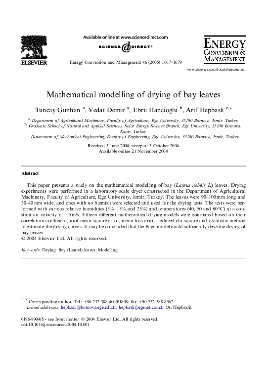 (PDF) Mathematical modelling of drying of bay leaves