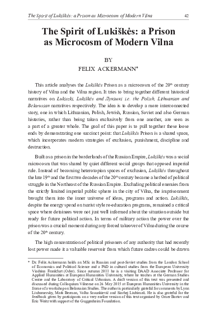 First page of “Lukiškės: a Prison as Microcosm of Modern Vilna”