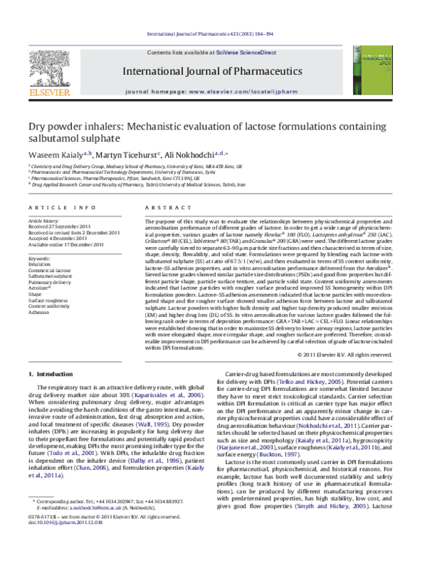 (PDF) Dry powder inhalers mechanistic evaluation of lactose