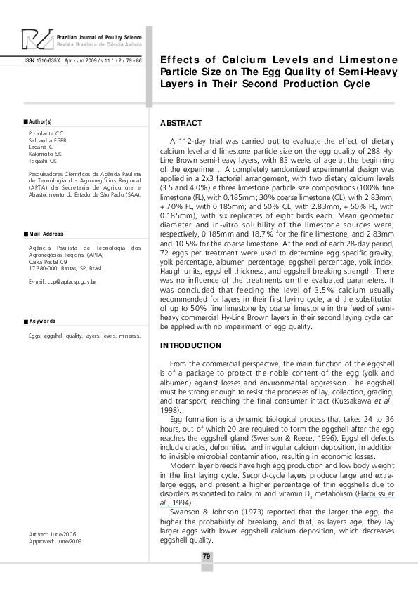 (PDF) Effects of calcium levels and limestone particle size on the egg