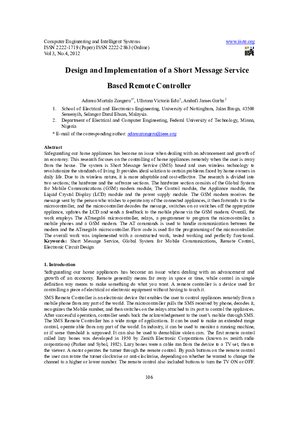 (PDF) Design and Implementation of a Short Message Service Based Remote ...