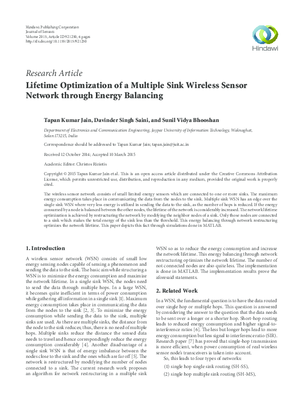 (PDF) Lifetime Optimization of a Multiple Sink Wireless Sensor Network ...