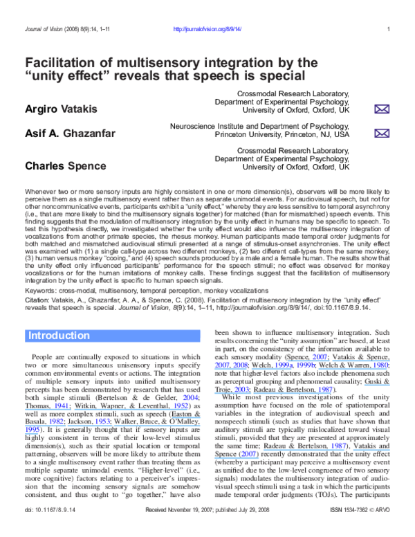 (PDF) Facilitation of multisensory integration by the "unity effect ...