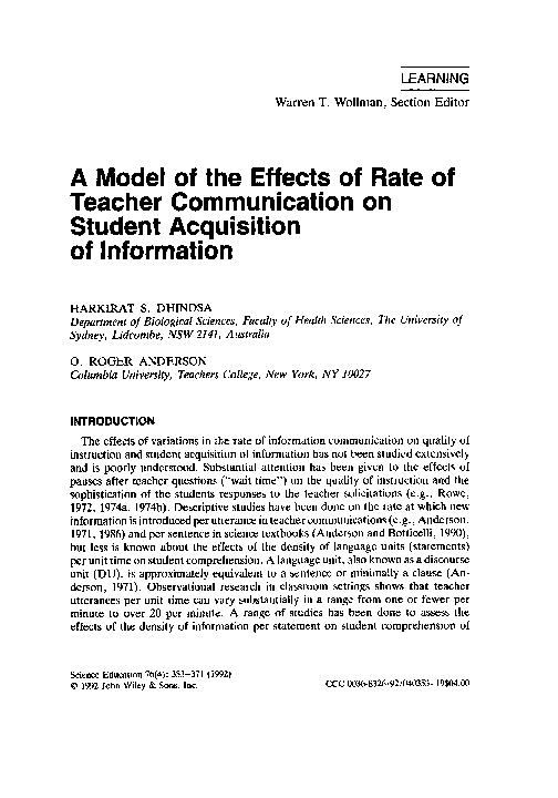 (PDF) A model of the effects of rate of teacher communication on ...