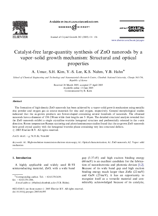 (PDF) Catalyst-free large-quantity synthesis of ZnO nanorods by a vapor ...