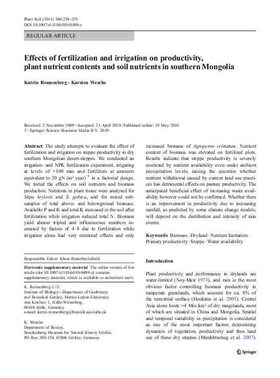 (PDF) Effects of fertilization and irrigation on productivity, plant ...