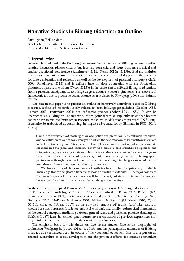 (PDF) Narrative Studies In Bildung Didactics: An Outline