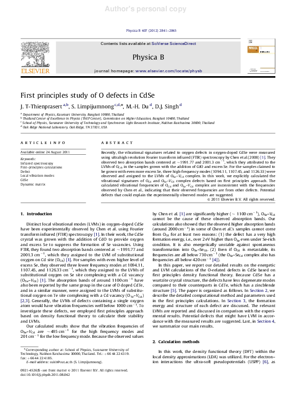 (PDF) First principles study of O defects in CdSe