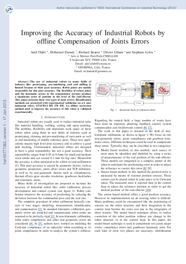 (PDF) Improving the accuracy of industrial robots by offline ...