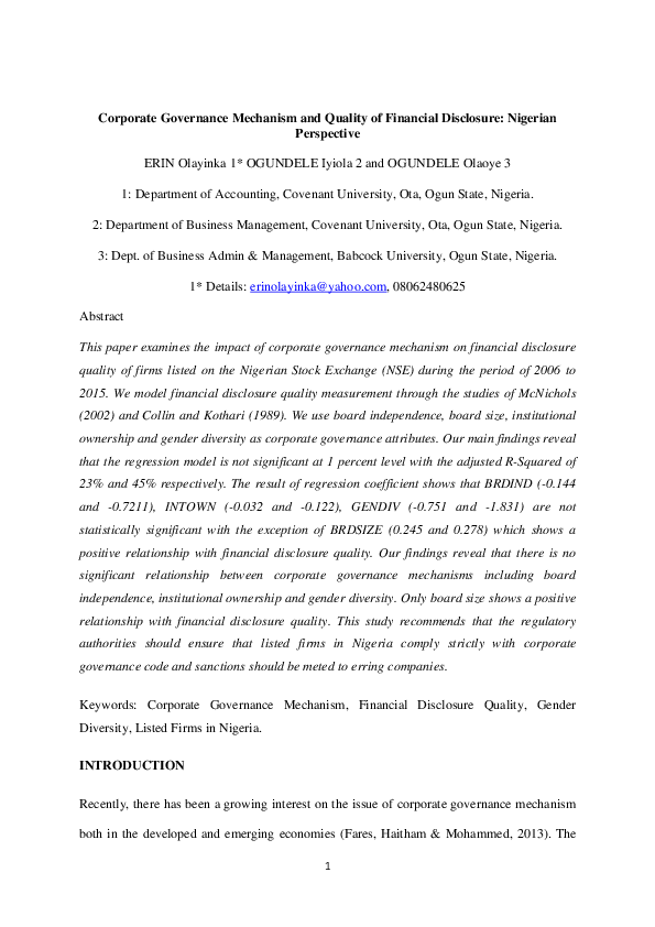 (PDF) Corporate Governance Mechanism and Quality of Financial ...