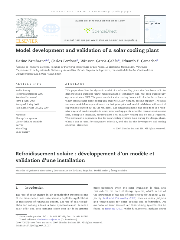 (PDF) Model development and validation of a solar cooling plant