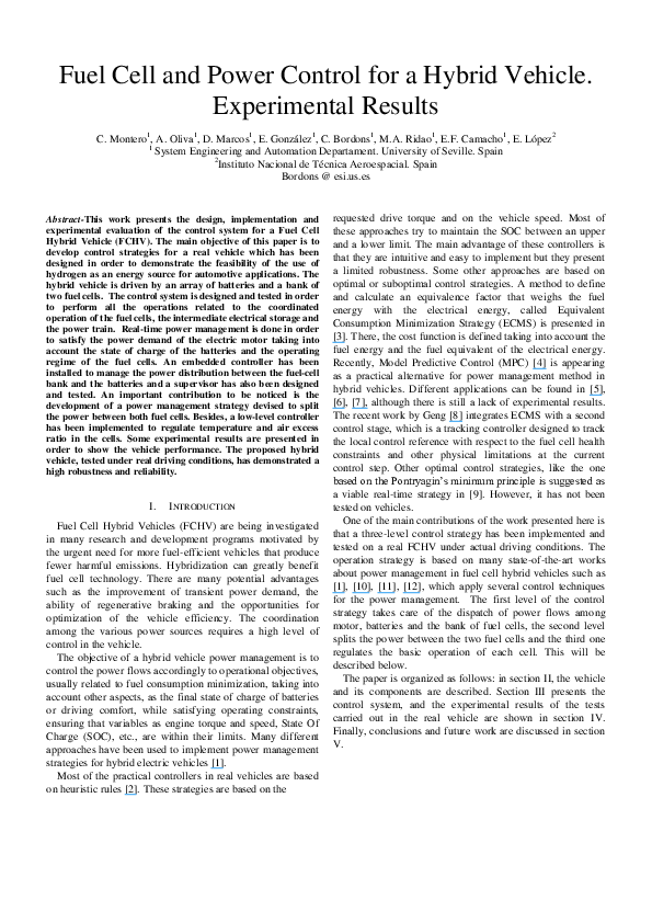 (PDF) Fuel cell and power control for a hybrid vehicle. Experimental ...
