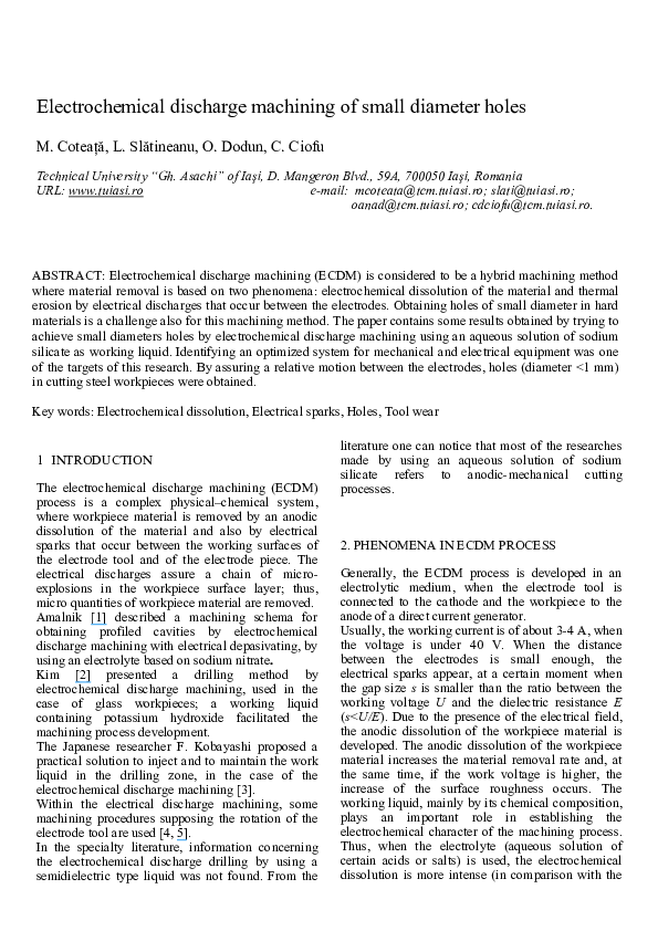 (PDF) Electrochemical discharge machining of small diameter holes