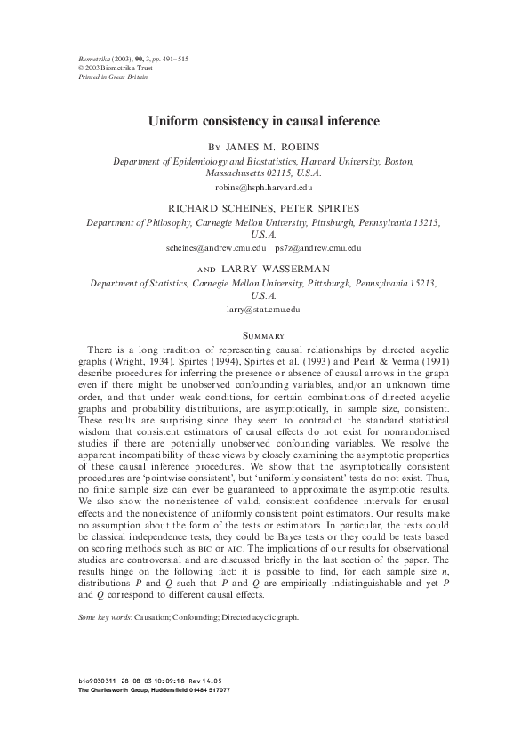 (PDF) Uniform consistency in causal inference Peter Spirtes