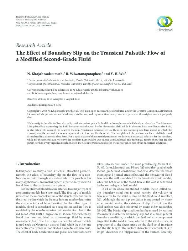 (PDF) The Effect of Boundary Slip on the Transient Pulsatile Flow of a ...