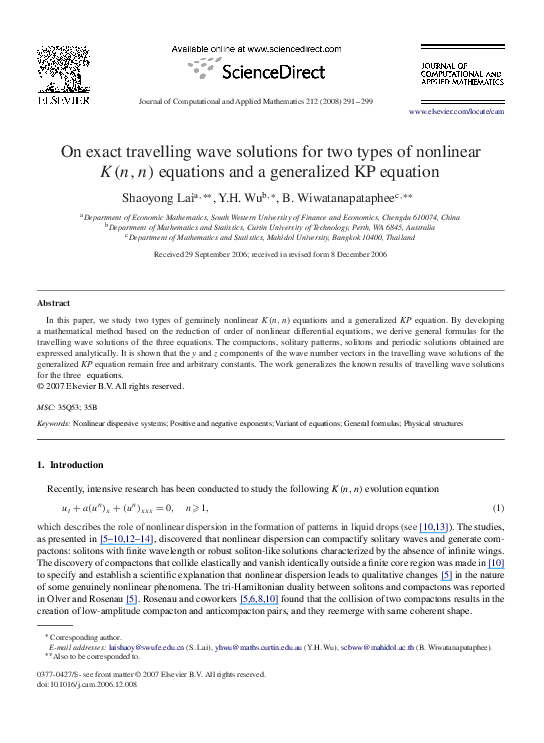 (PDF) On exact travelling wave solutions for two types of nonlinear ...