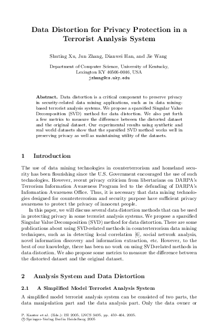 (PDF) Data Distortion for Privacy Protection in a Terrorist Analysis System