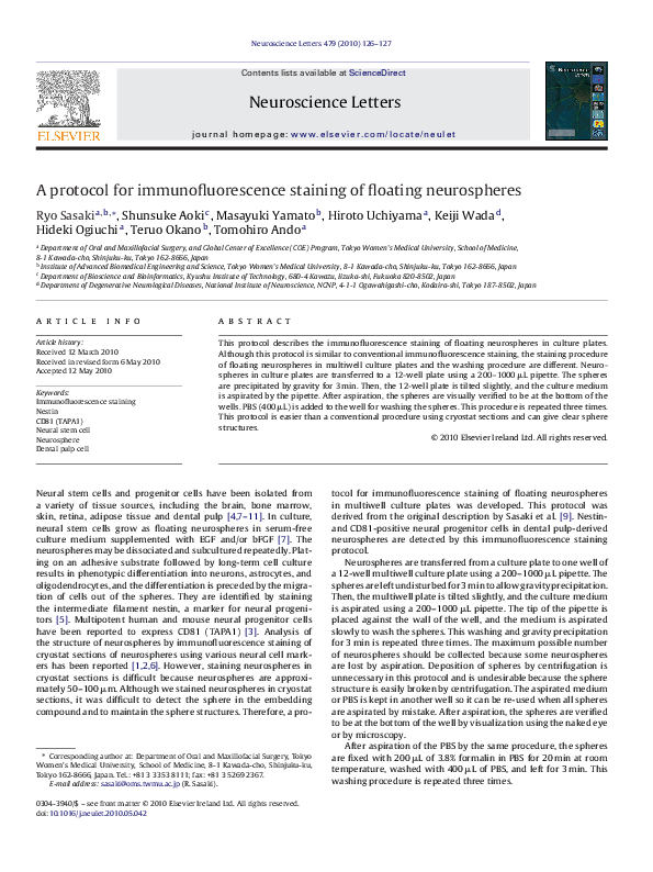 (PDF) A protocol for immunofluorescence staining of floating neurospheres