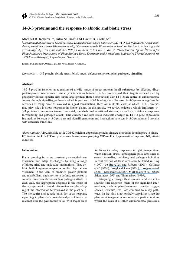 (PDF) 14-3-3 proteins and the response to abiotic and biotic stress