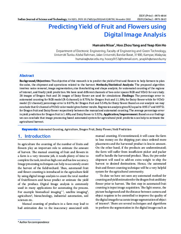 (PDF) Predicting Yield of Fruit and Flowers using Digital Image Analysis