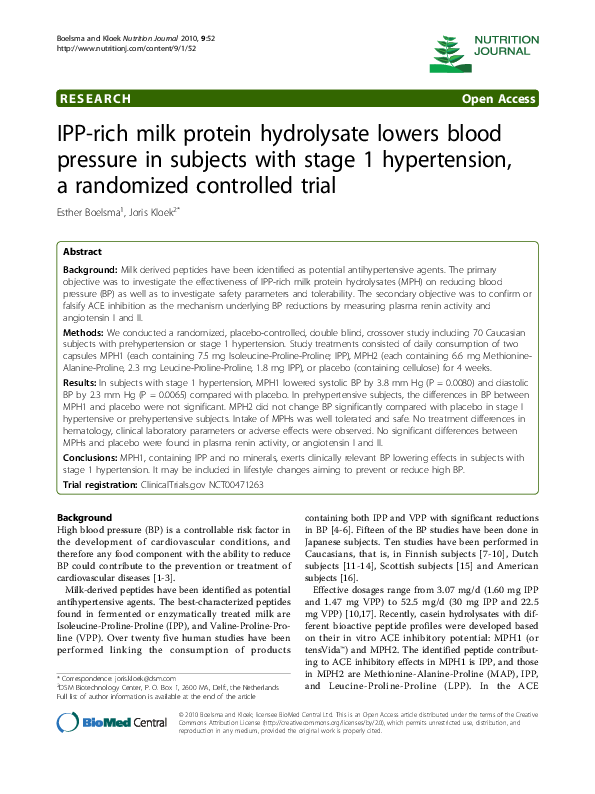 (PDF) IPPrich milk protein hydrolysate lowers blood pressure in