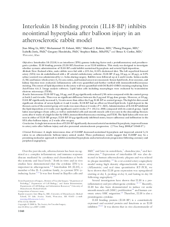 (PDF) Interleukin 18 binding protein (IL18BP) inhibits neointimal ...