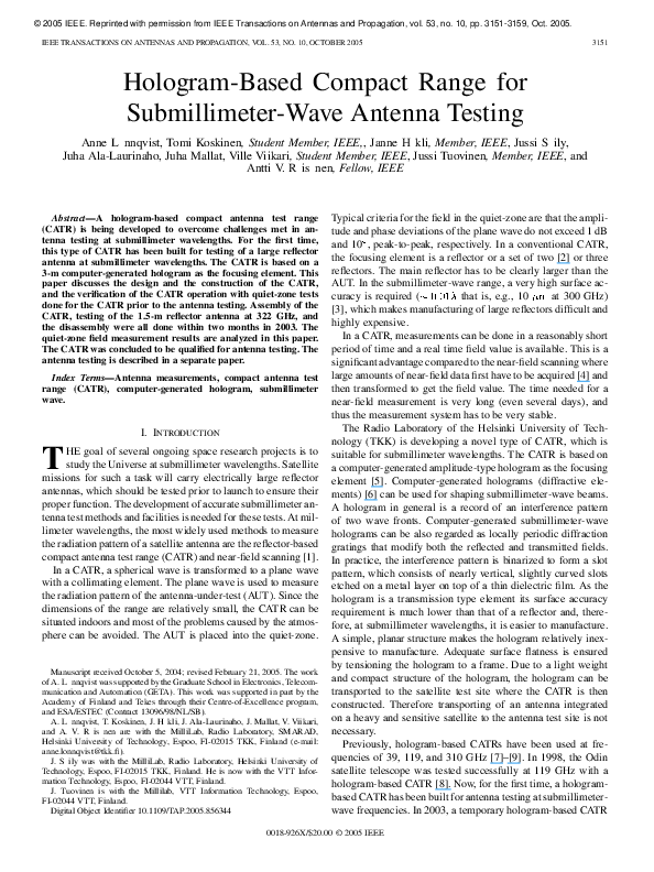 (PDF) Hologrambased compact range for submillimeterwave antenna