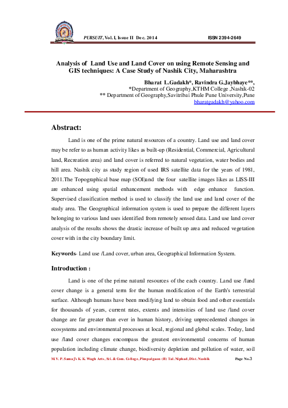 Pdf Analysis Of Land Use And Land Cover On Using Remote Sensing And