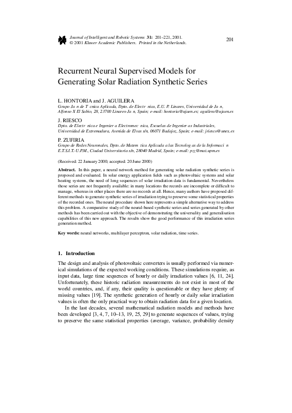 (PDF) Recurrent Neural Supervised Models for Generating Solar Radiation ...