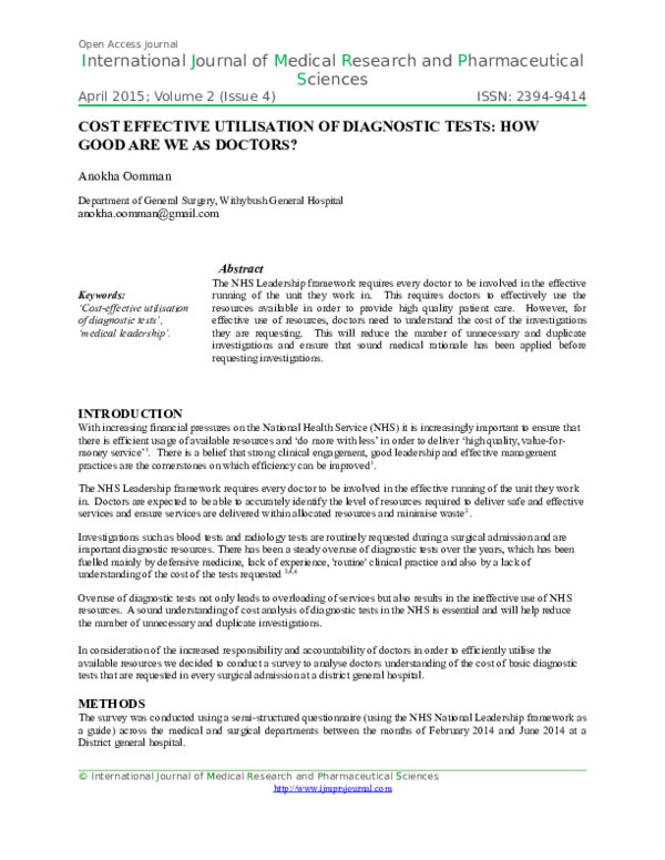 COST EFFECTIVE UTILISATION OF DIAGNOSTIC TESTS HOW GOOD ARE WE AS