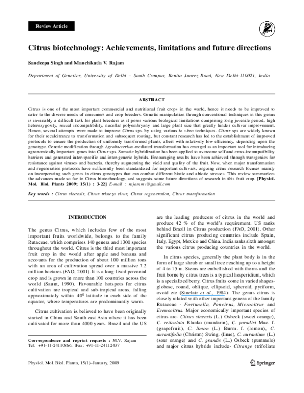 (PDF) Citrus biotechnology Achievements, limitations and future