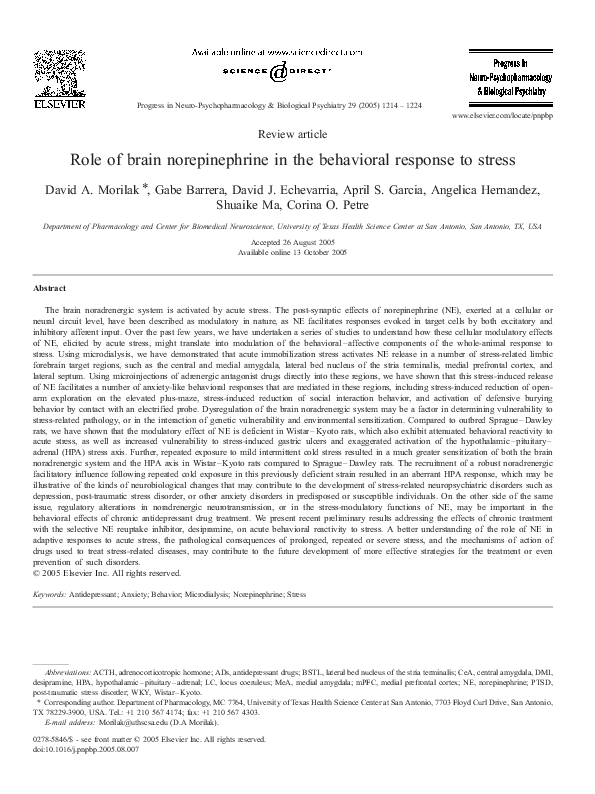 (PDF) Role of brain norepinephrine in the behavioral response to stress