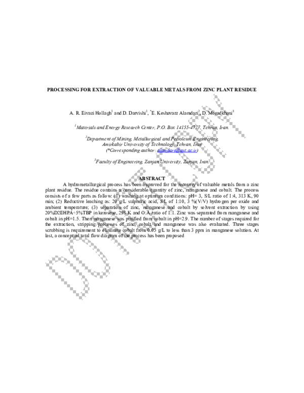 (PDF) Processing for extraction of valuable metals from zinc plant residue Alireza Eivazi