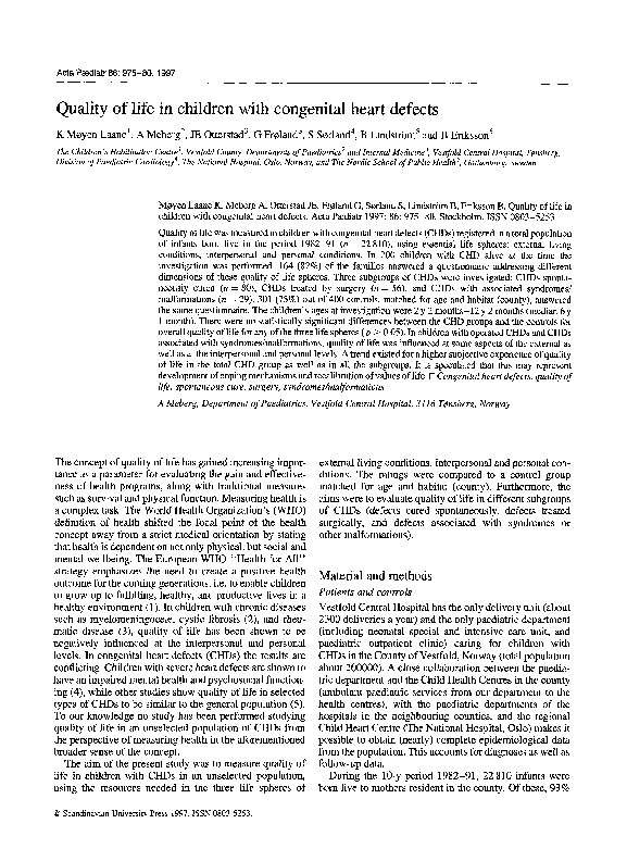 (PDF) Quality of life in children with congenital heart defects