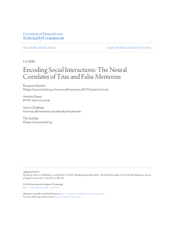 (PDF) Encoding Social Interactions: The Neural Correlates of True and ...