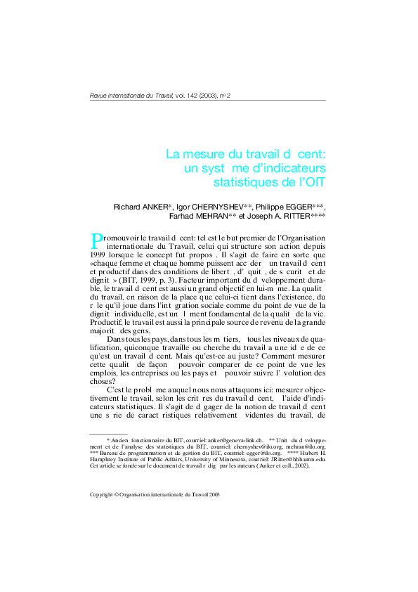 Pdf La Mesure Du Travail Decent Un Systeme D Indicateurs Statistiques De I Oit Farhad Mehran Academia Edu