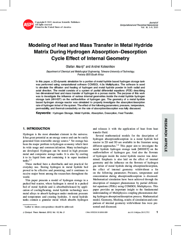 (PDF) Modeling of Heat and Mass Transfer in Metal Hydride Matrix During ...