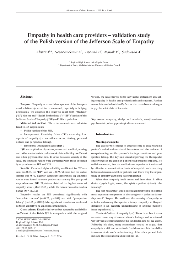 (PDF) Kliszcz J et al Empathy in health care providers