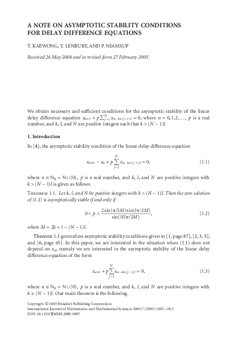 (PDF) A note on asymptotic stability conditions for delay difference ...