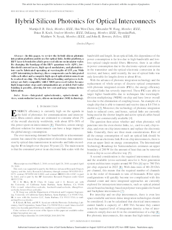 (PDF) Hybrid Silicon Photonics for Optical Interconnects