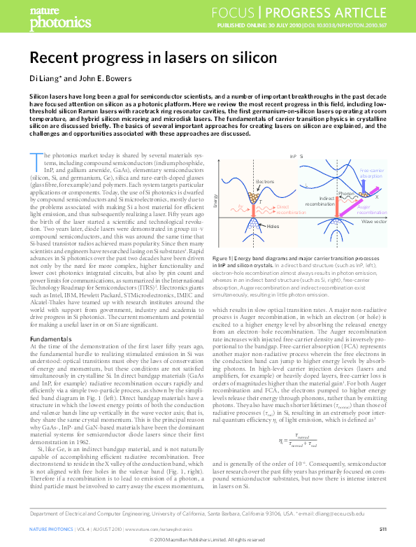 (PDF) Recent progress in lasers on silicon