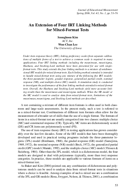 (PDF) An Extension of Four IRT Linking Methods for Mixed-Format Tests ...