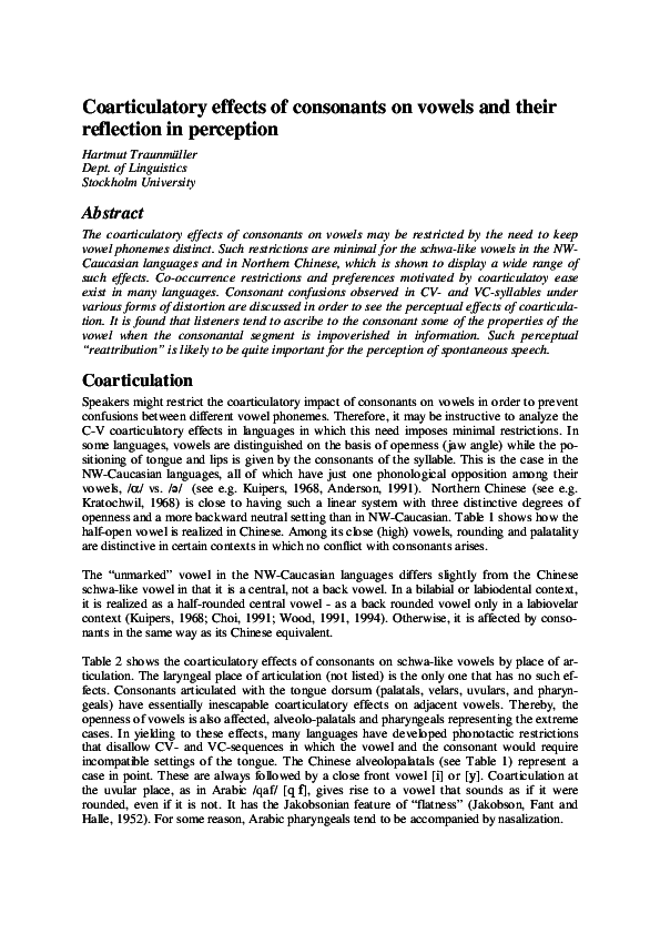 (PDF) Coarticulatory effects of consonants on vowels and their ...