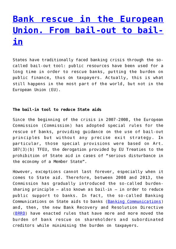 (PDF) Bank rescue in the European Union. From bail-out to bail- in