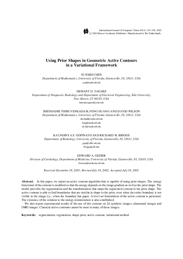 (PDF) Using Prior Shapes in Geometric Active Contours in a Variational ...