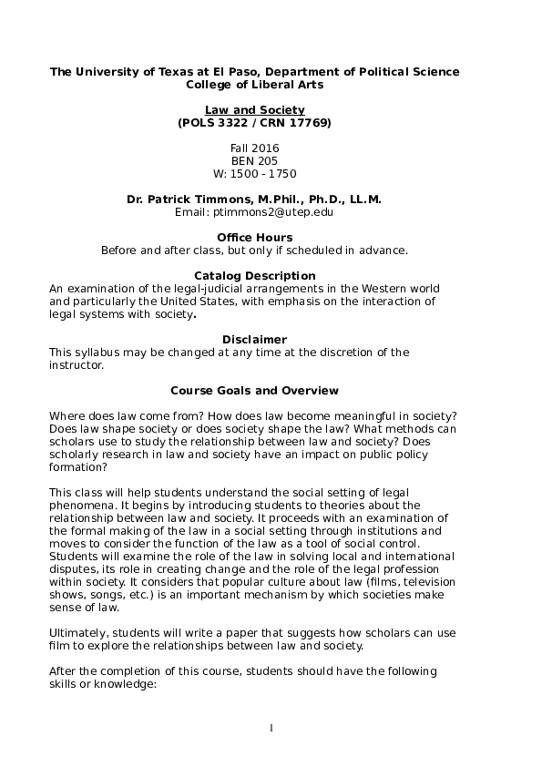 (DOC) Law and Society Syllabus POLS 3322 Fall 2016 Patrick Timmons